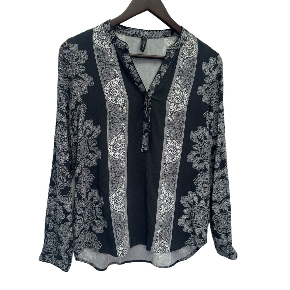 Soya Concept Black Grey Henley Long Sleeve Top Blouse Size S